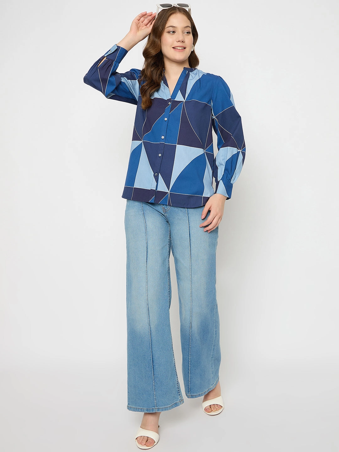 Reinforced Neckline Detail Madame Geometric Print Navy Blue Cotton Top