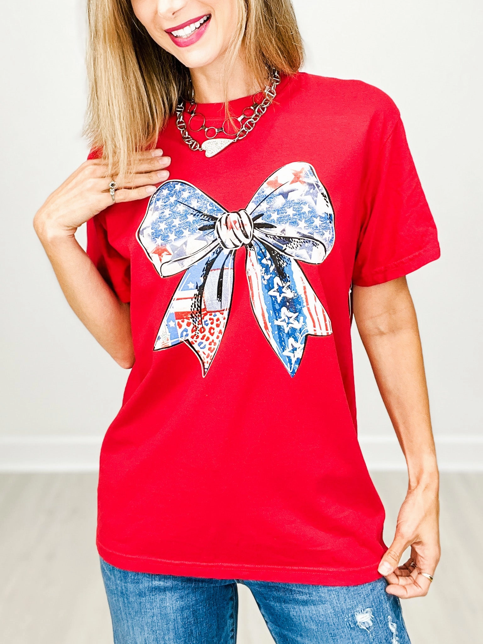 Red White and Bow Graphic Tee Cool Weather AllDaySoftness