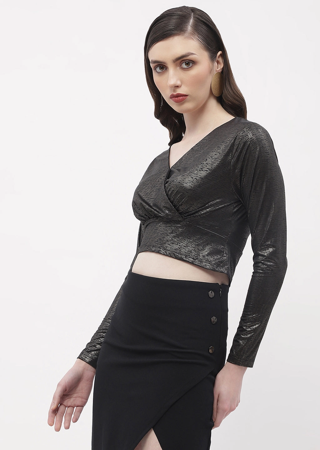 Madame Sweetheart Neck Black Shimmery Crop Top Relaxed Design