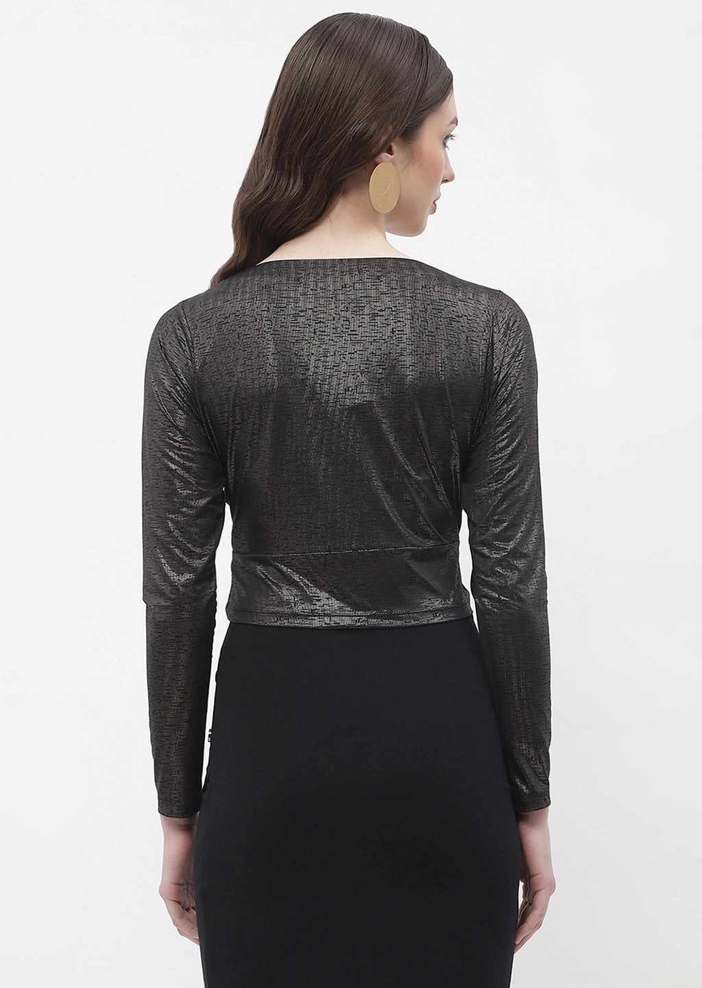 Madame Sweetheart Neck Black Shimmery Crop Top Anti Pilling DurableWeave