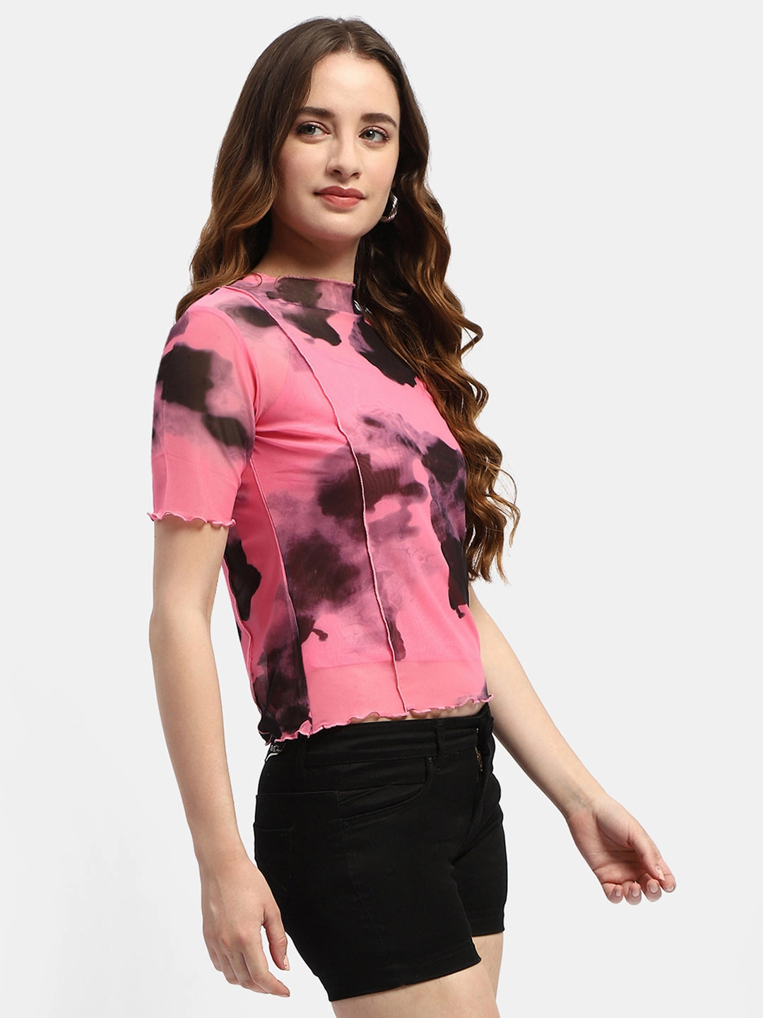 Madame Lettuce Hem Black Abstract Print T-Shirt Layered Panel Construction Reflective accents