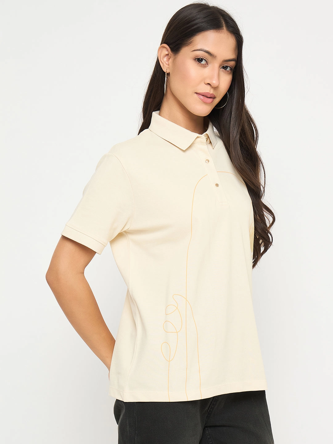 Madame Botanical Print Beige Cotton Blend Polo T-shirt Smooth Seam Transition