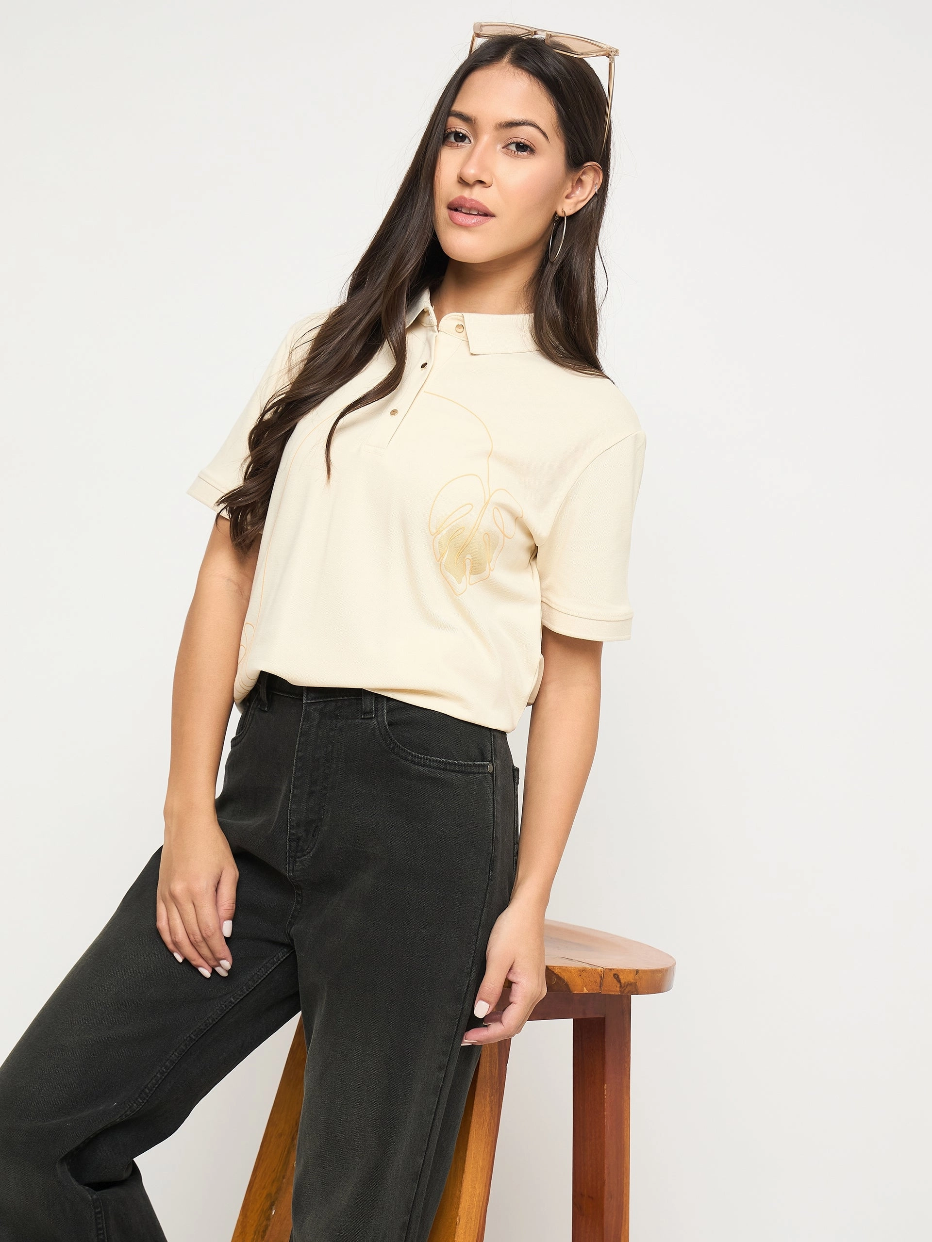 Winter Fashion Fashionable Fit Madame Botanical Print Beige Cotton Blend Polo T-shirt