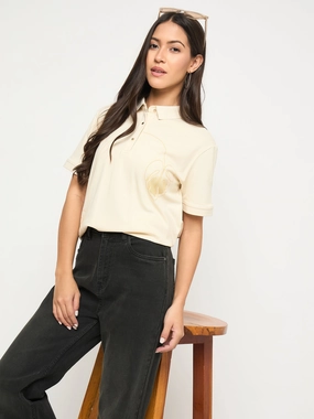 Winter Fashion Fashionable Fit Madame Botanical Print Beige Cotton Blend Polo T-shirt