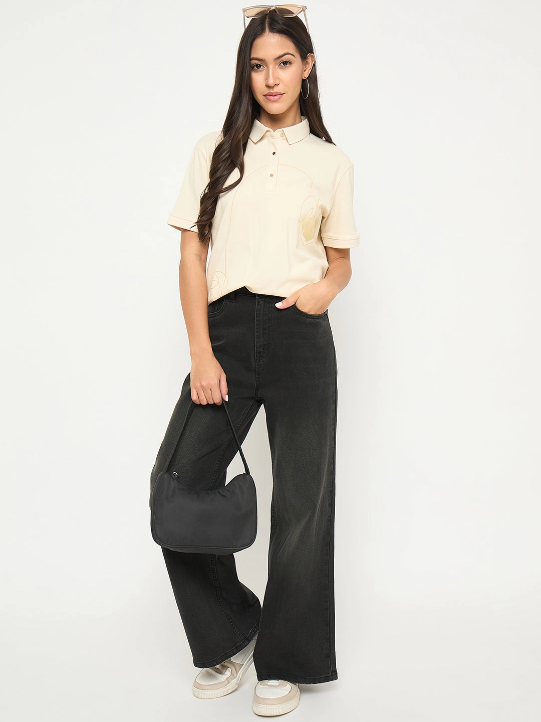 Reinforced Seam Technique Madame Botanical Print Beige Cotton Blend Polo T-shirt