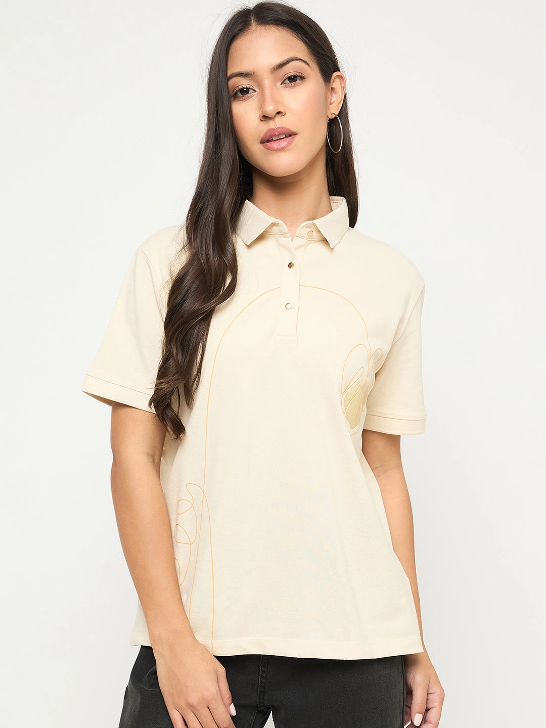YarnDye Technique Active Look Madame Botanical Print Beige Cotton Blend Polo T-shirt