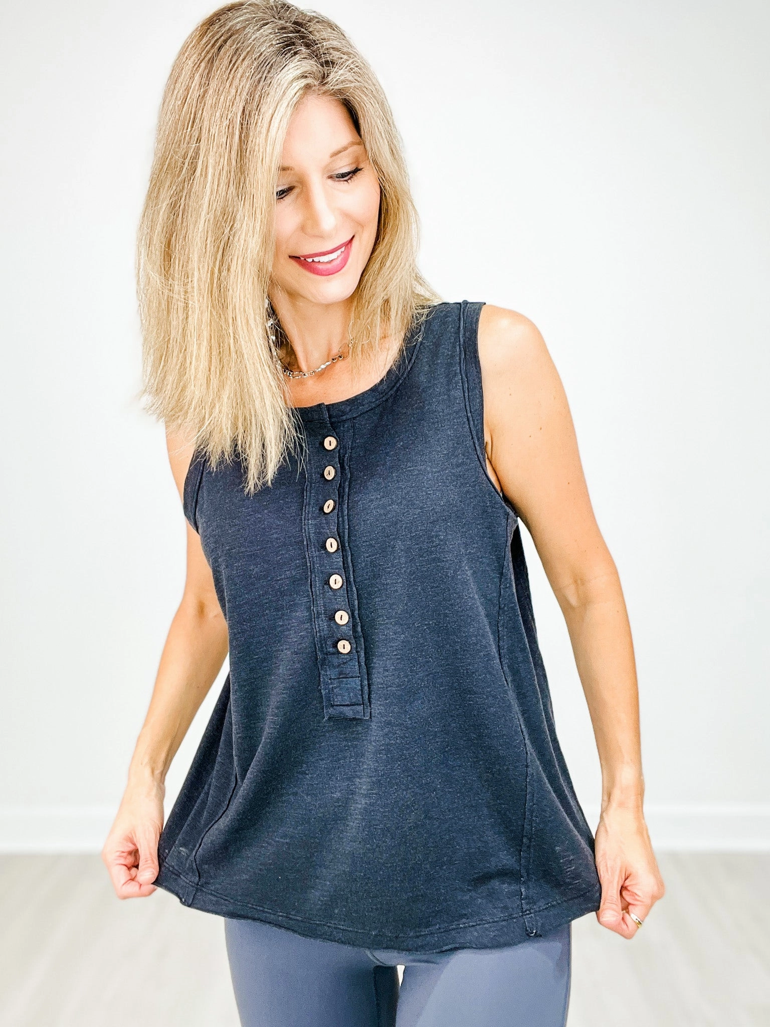 Mineral Washed Sleeveless Henley Top - GRP A Buttonless Closure
