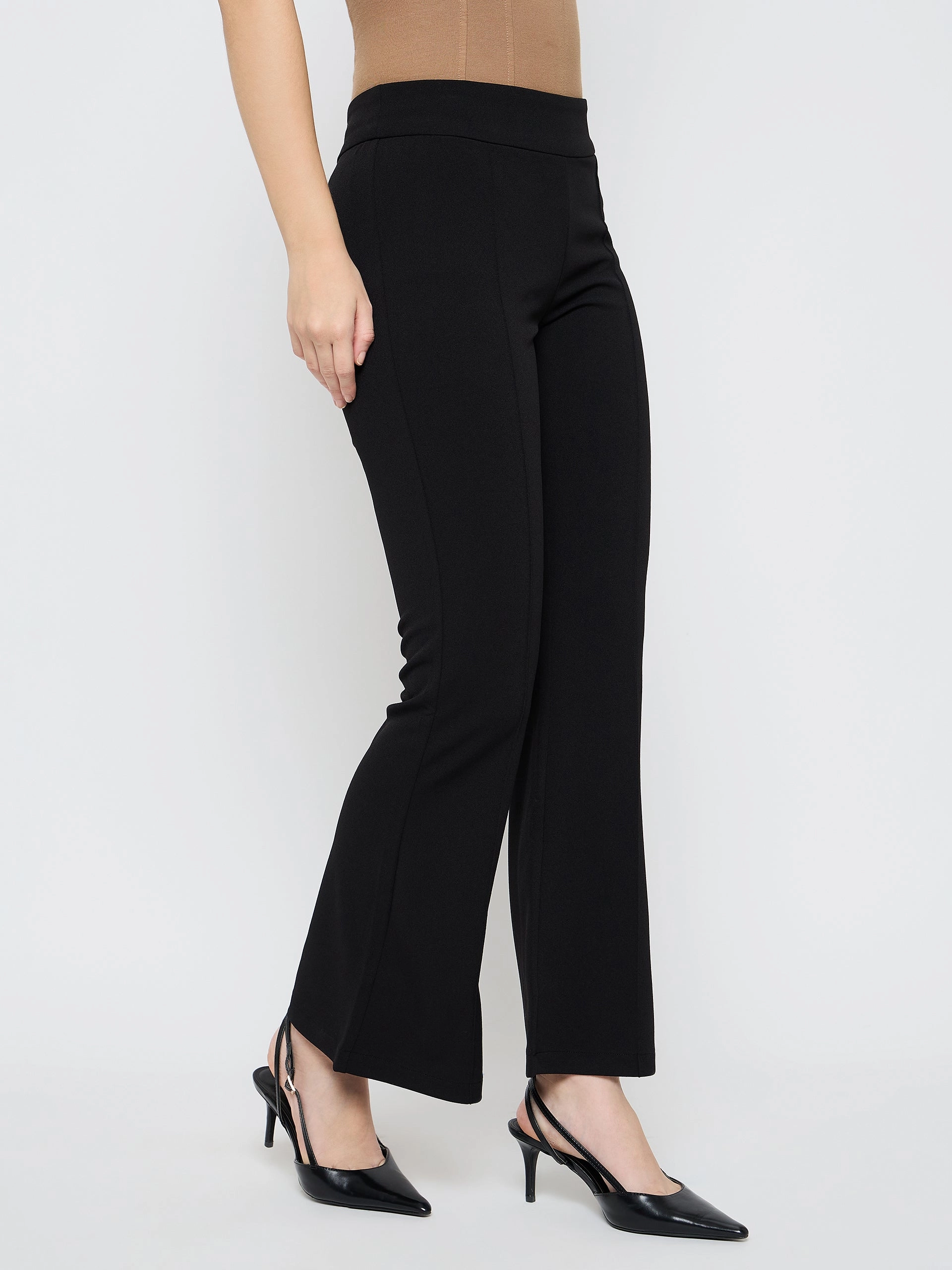 Madame Pleat Detailed Solid Black Flared Trousers Sleek Look Fashion Staple