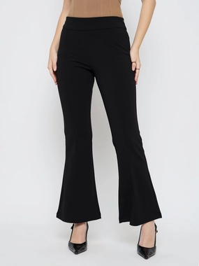 Flattering Comfort Relaxed Wearable Madame Pleat Detailed Solid Black Flared Trousers