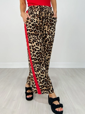 Urban Fit Elastic Waist Leopard Pants with Contrast Color Stripe Sides
