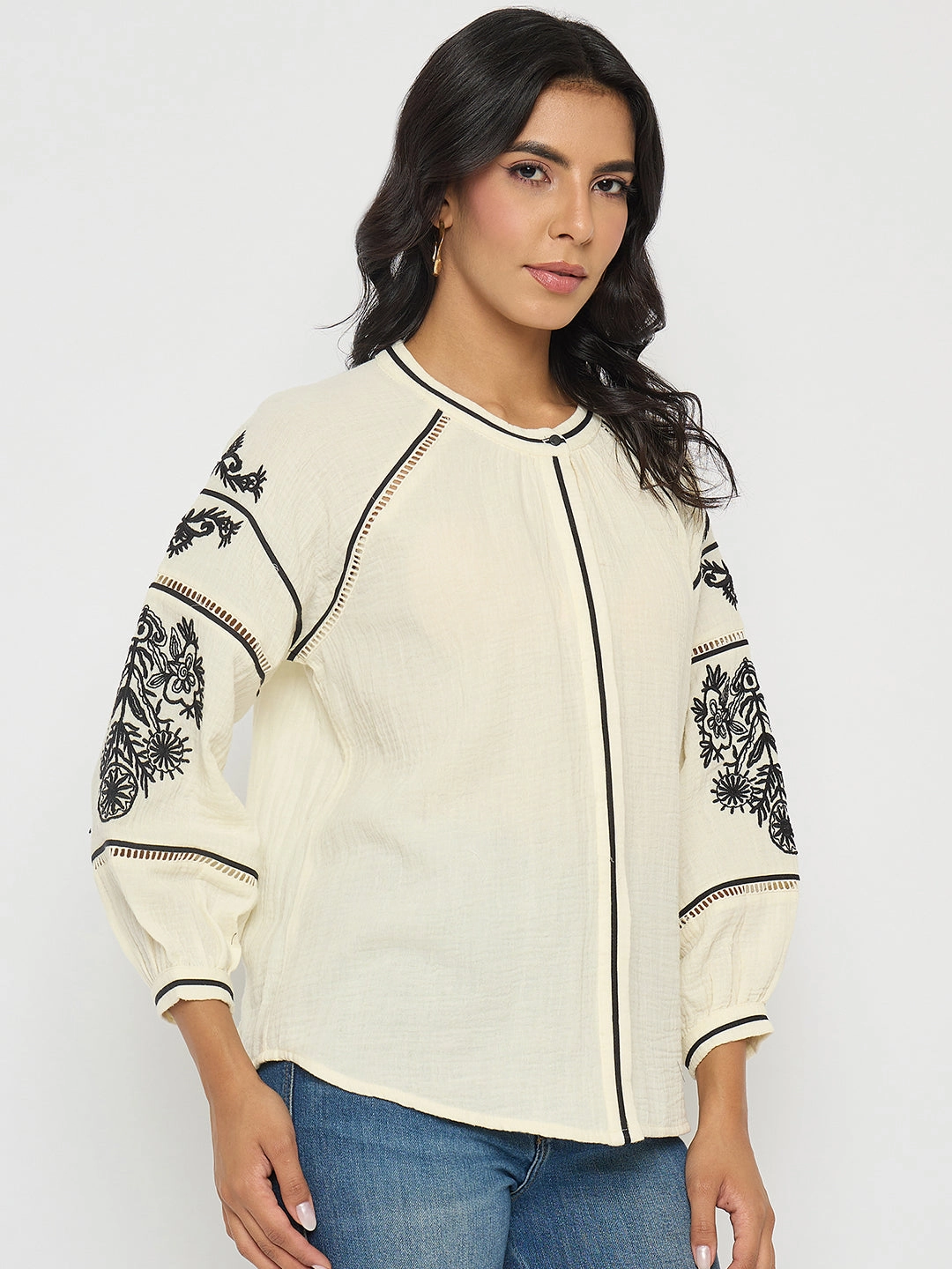 AllDay Comfort Madame Embroidered Pleat Detailing Off White Cotton Top