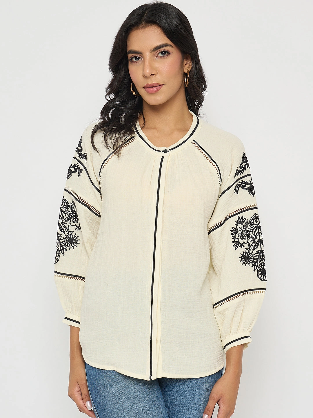 Madame Embroidered Pleat Detailing Off White Cotton Top Eco Dye Process