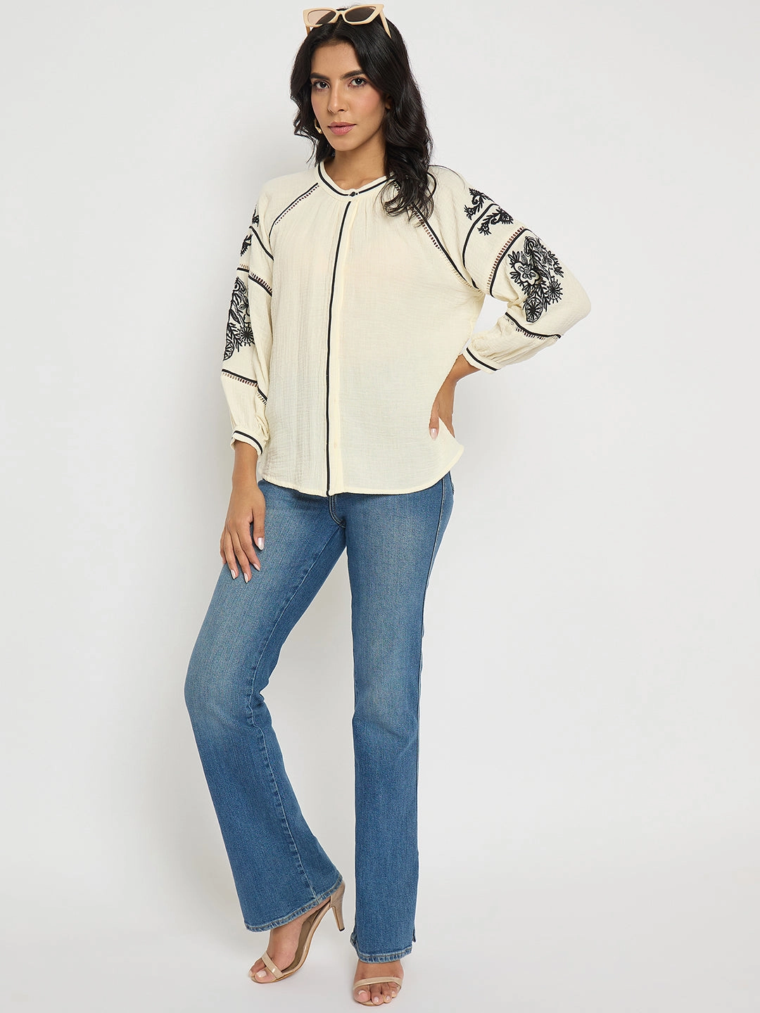 Madame Embroidered Pleat Detailing Off White Cotton Top elegant design