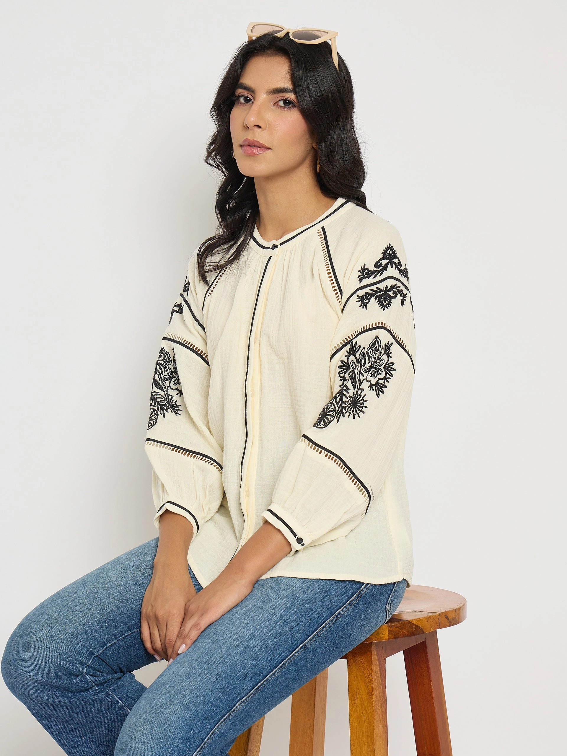 BreathableMesh TonalStitching Madame Embroidered Pleat Detailing Off White Cotton Top