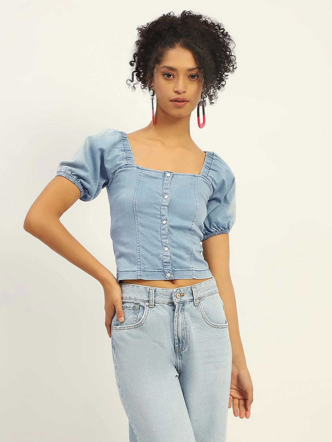AdjustableCuffs Madame Square Neck Front Button Ice Blue Denim Top