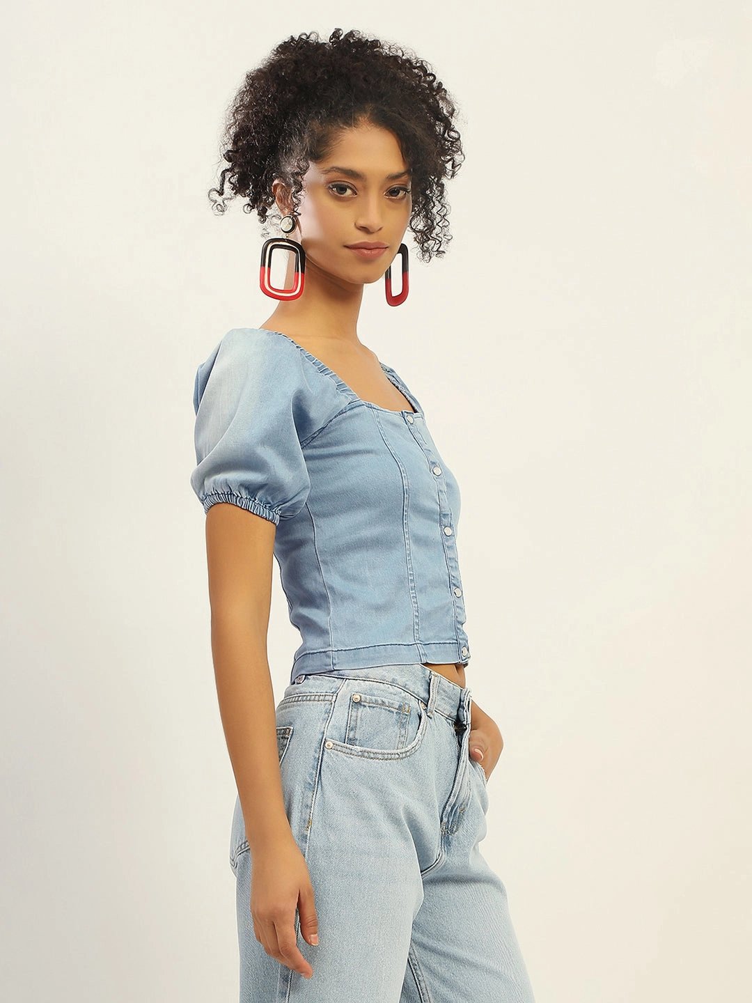 Odor Control Technology Madame Square Neck Front Button Ice Blue Denim Top