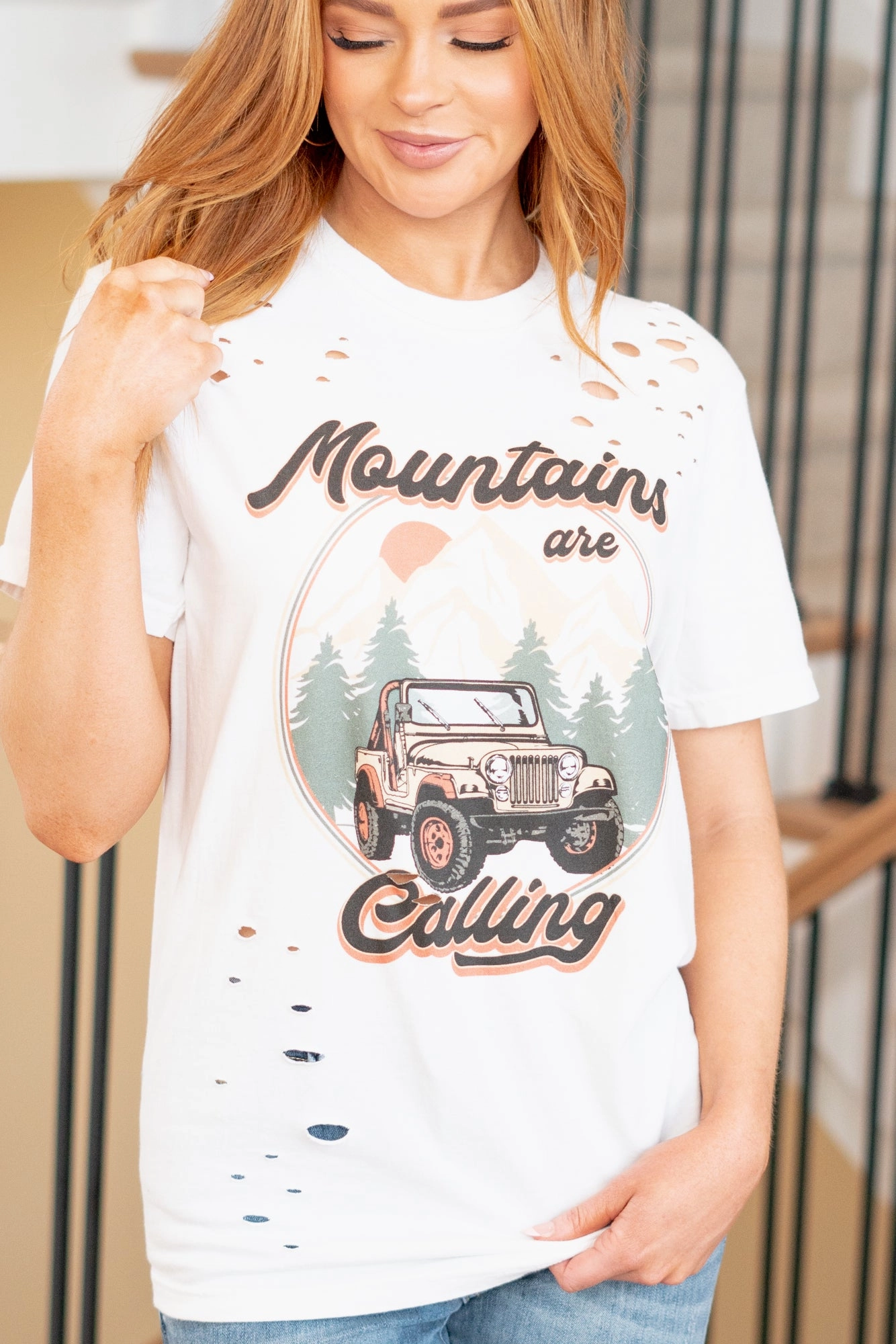 Mountains Are Calling Distressed Graphic  - White T-Shirt Flexible Waist Trendy popularity