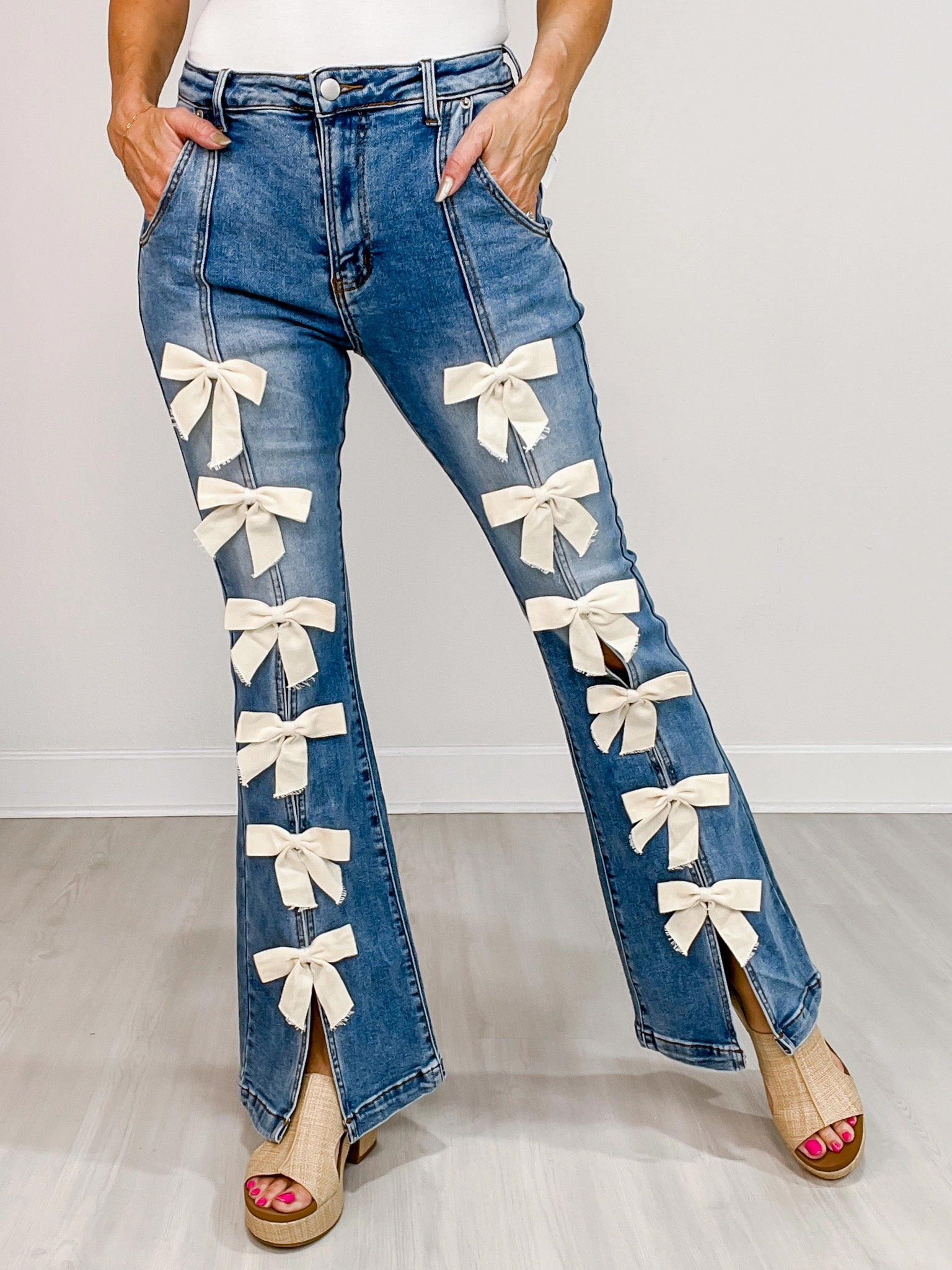 Street Vibe Ribbon Detail Stretchy Flared Jeans with Front Hem Slits