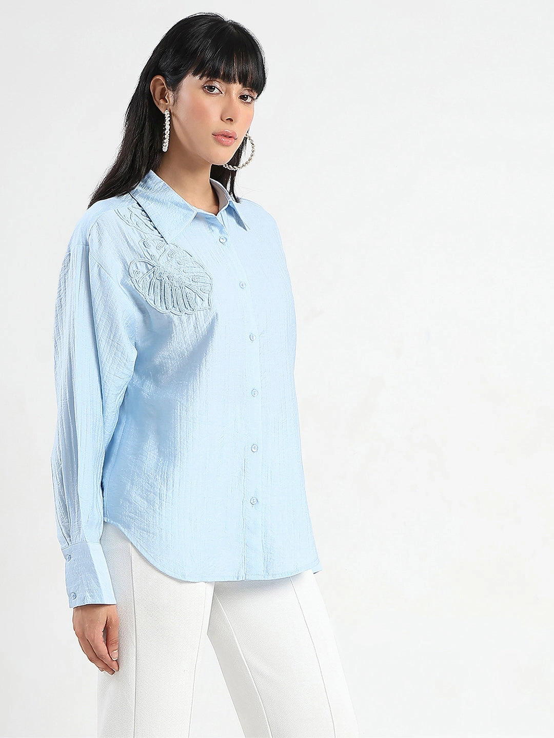 Classic Comfort Madame Botanical Embroidery Blue Rayon Blend Shirt