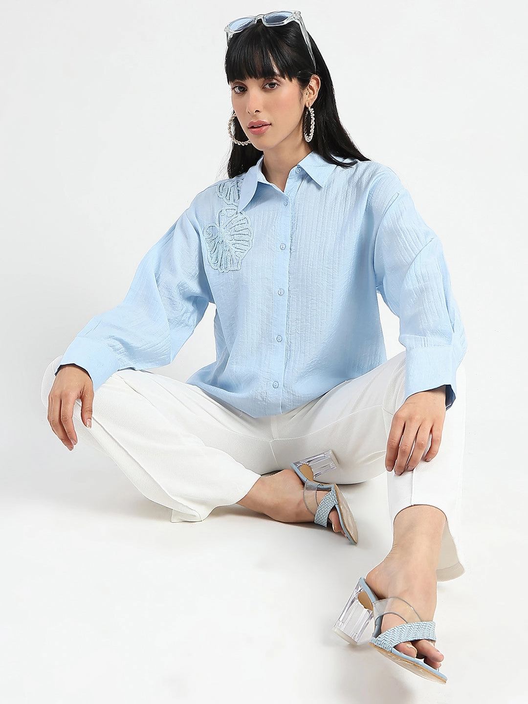 Madame Botanical Embroidery Blue Rayon Blend Shirt ethical fashion Holiday Outfit