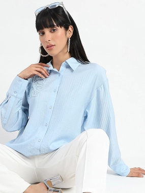 Sustainable Choice Madame Botanical Embroidery Blue Rayon Blend Shirt