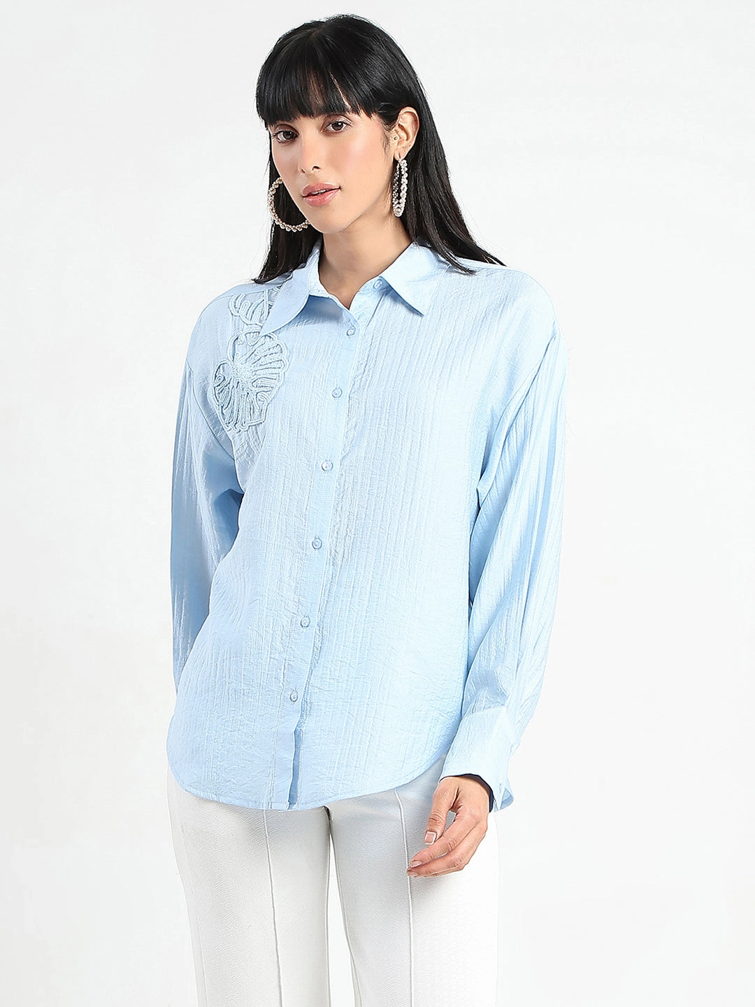 Madame Botanical Embroidery Blue Rayon Blend Shirt Layered Collar Relaxed Comfort