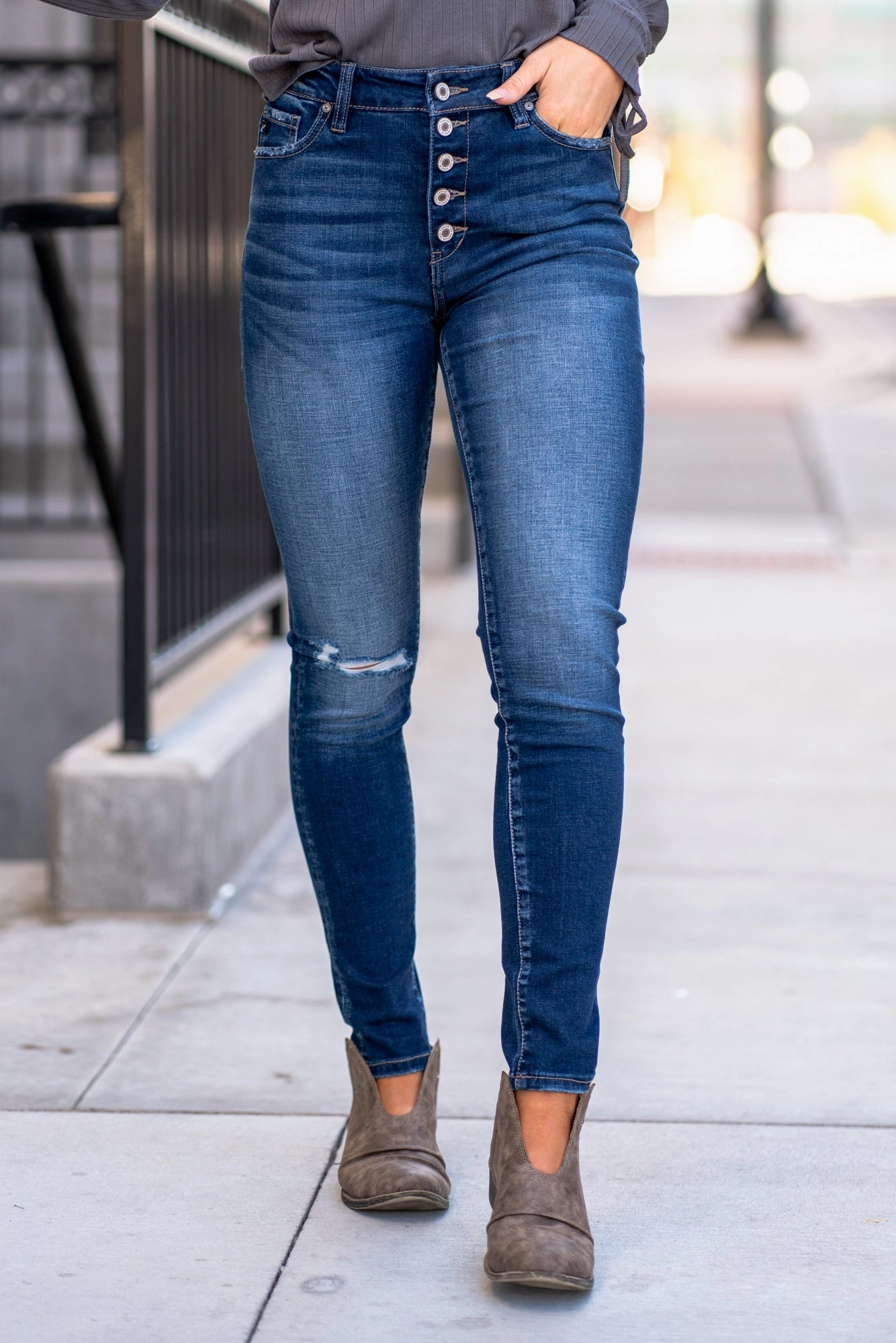 Style Match Go To Outfit KanCan Abington High Rise Ripped Skinny Jeans Dark Blue Wash