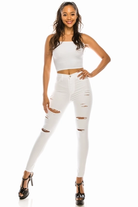 Effortless Waist 4664 women's Super High Waisted Distressed Skinny Jeans