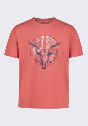 Tarz Men's Graphic T-Shirt with Bull Skull Motif, Miniral Red - BM24649 FlexibleCuffs HiddenVentilationPockets