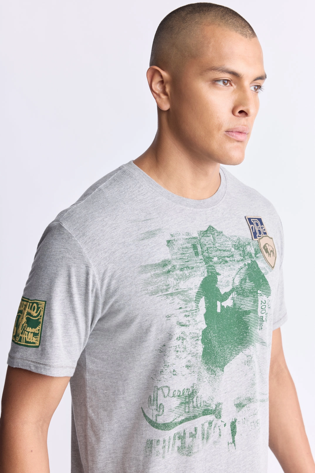 Bamboo Derived Material Durable Double Stitching Tasher Men's Graphic Patch T-Shirt, Heather Grey - BM24509