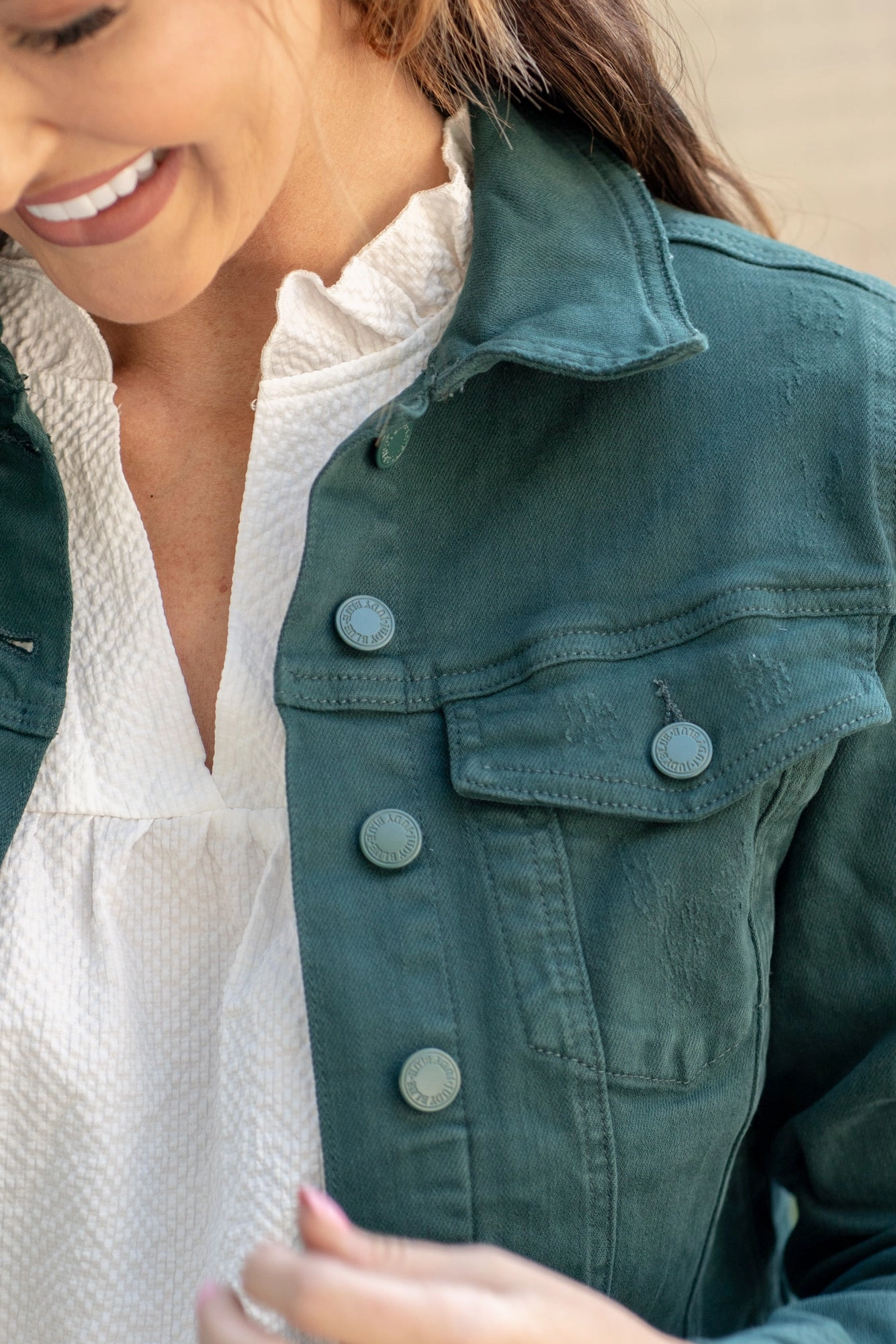 Customizable Hem Options Teal Garment Dyed Grinding Denim Jacket Regular & Plus Sizes