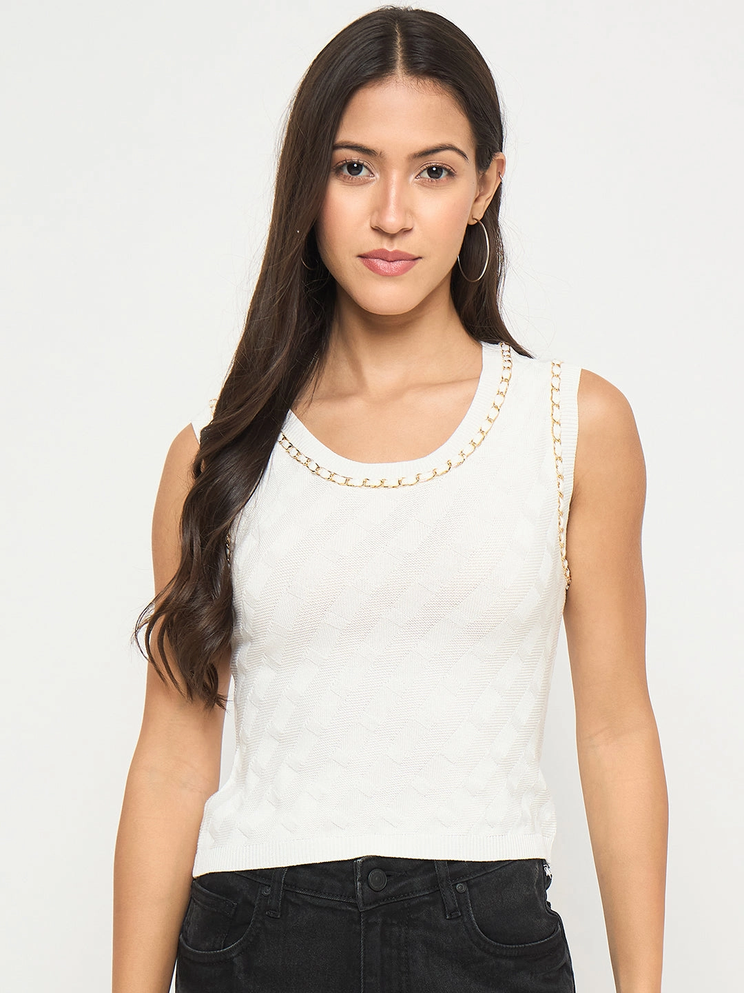 Flexible Shoulder Gusset WaterRepellent Finish Madame Chain Accented Sleeveless White Knitted Top