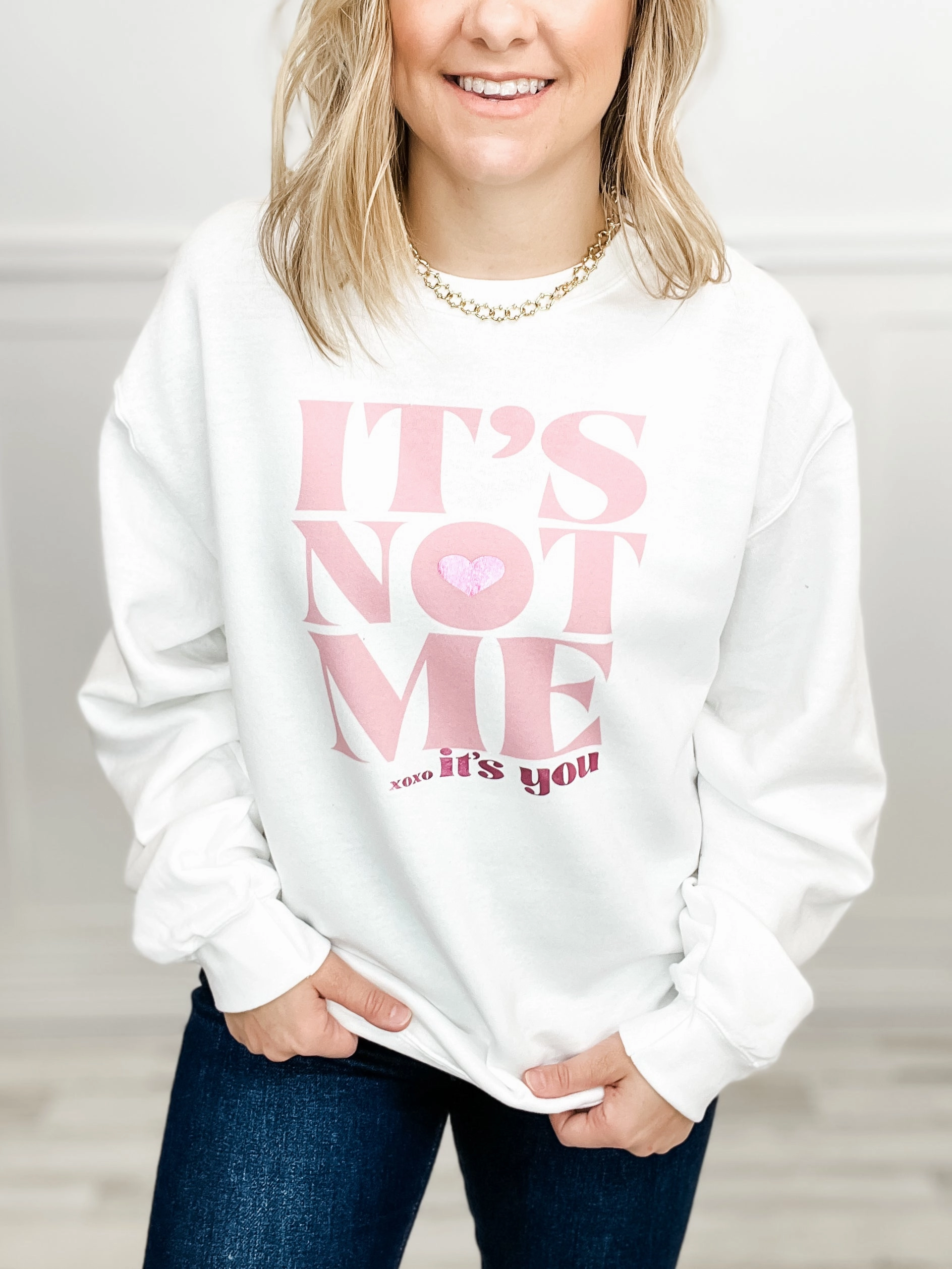 Layered Collar Casual Tee It's Not Me It's You Pink Foiled Graphic Top