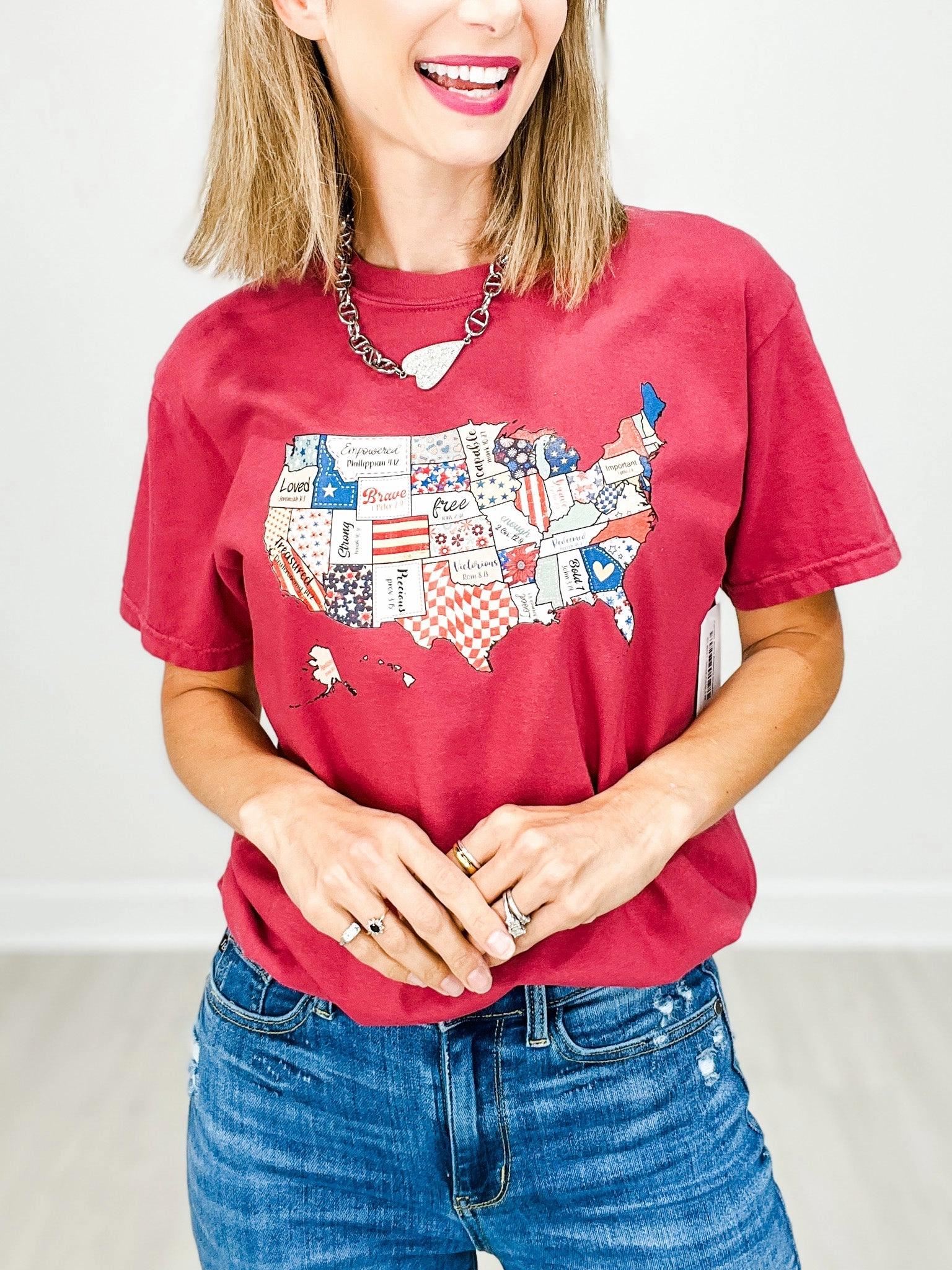 Patriotic Retro America Graphic Tee Contrast Topstitching Detail Ventilated Panel Design
