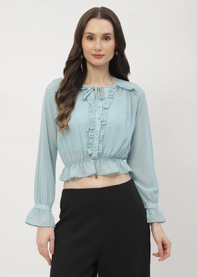 Madame Poet Sleeve Mint Blue Ruffle Top QuickDryTech OdorResistant Treatment
