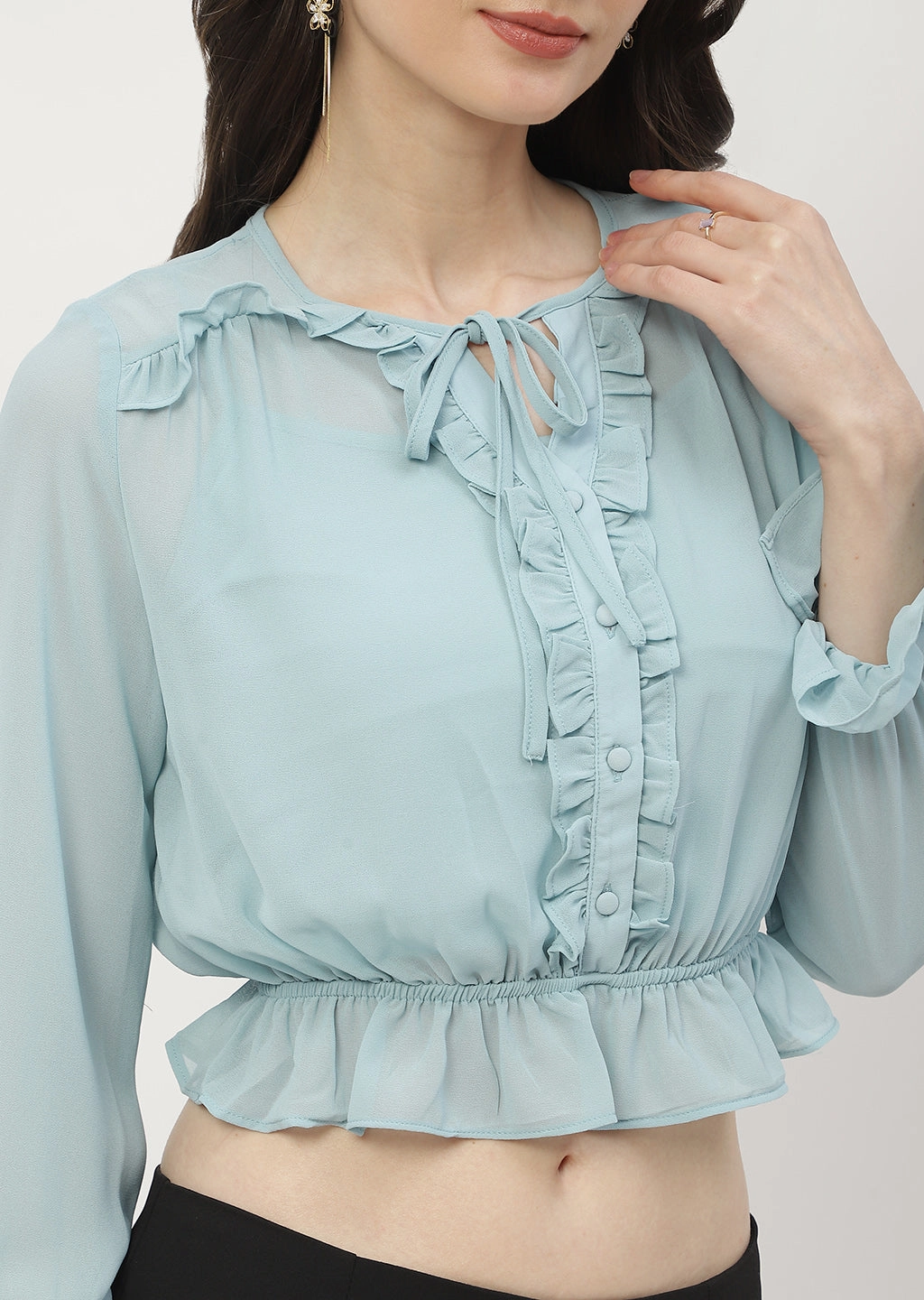 UV protection coating LaserCutVents Madame Poet Sleeve Mint Blue Ruffle Top