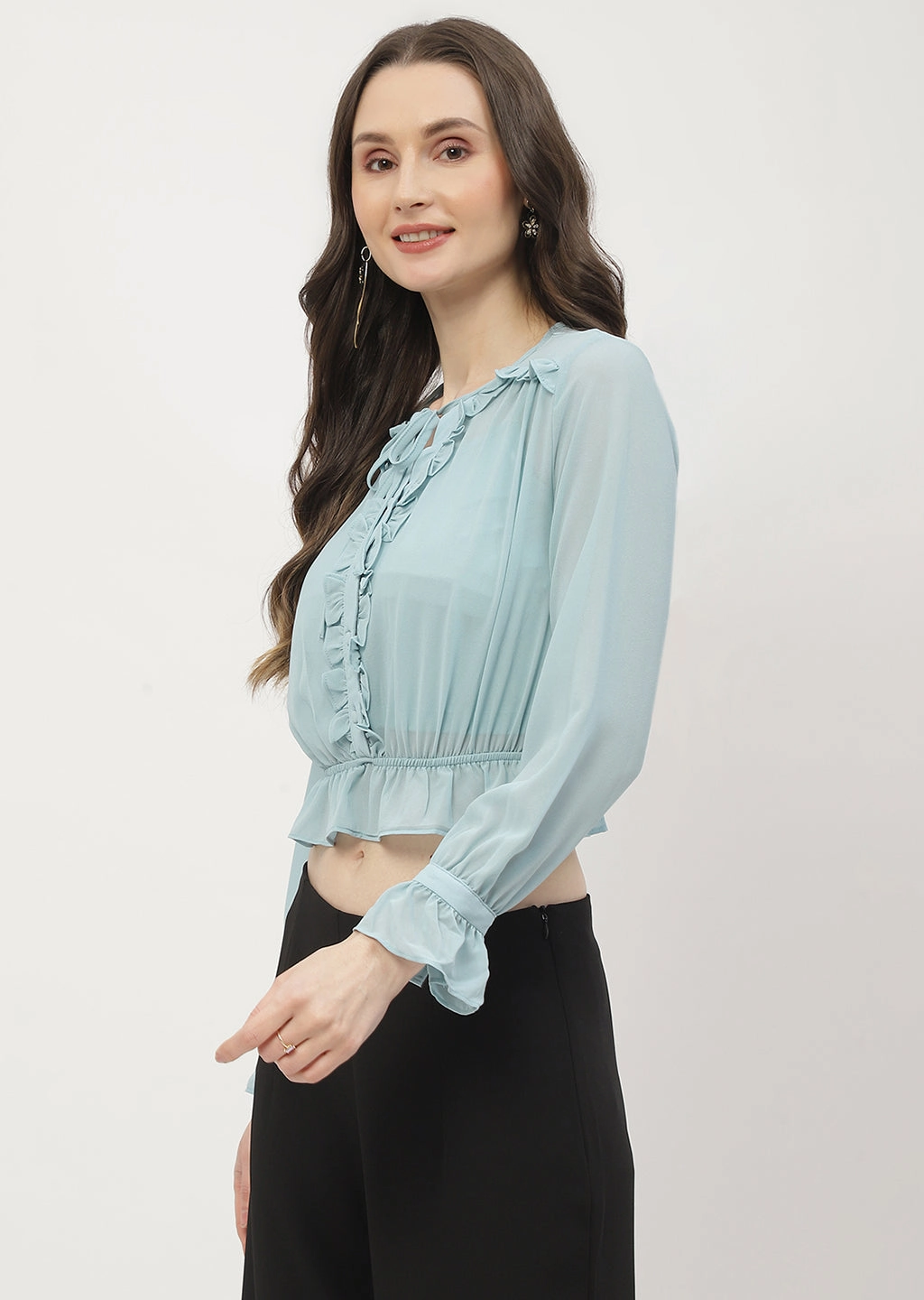 Madame Poet Sleeve Mint Blue Ruffle Top RubberizedGrip