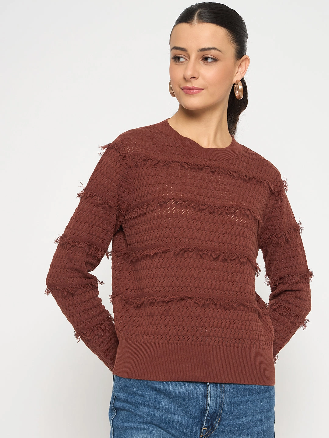 Madame Fringe Textured Chocolate Brown Cotton Sweater Winter Ready Wear Breathable mesh lining