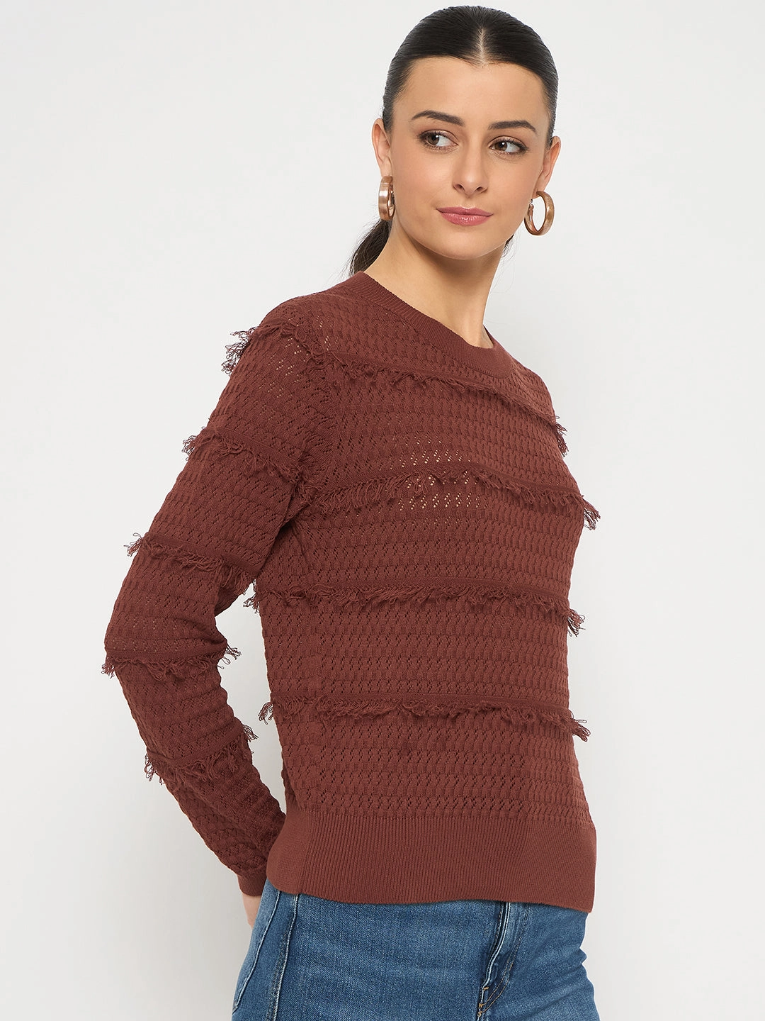 Madame Fringe Textured Chocolate Brown Cotton Sweater Cold-weather knit
