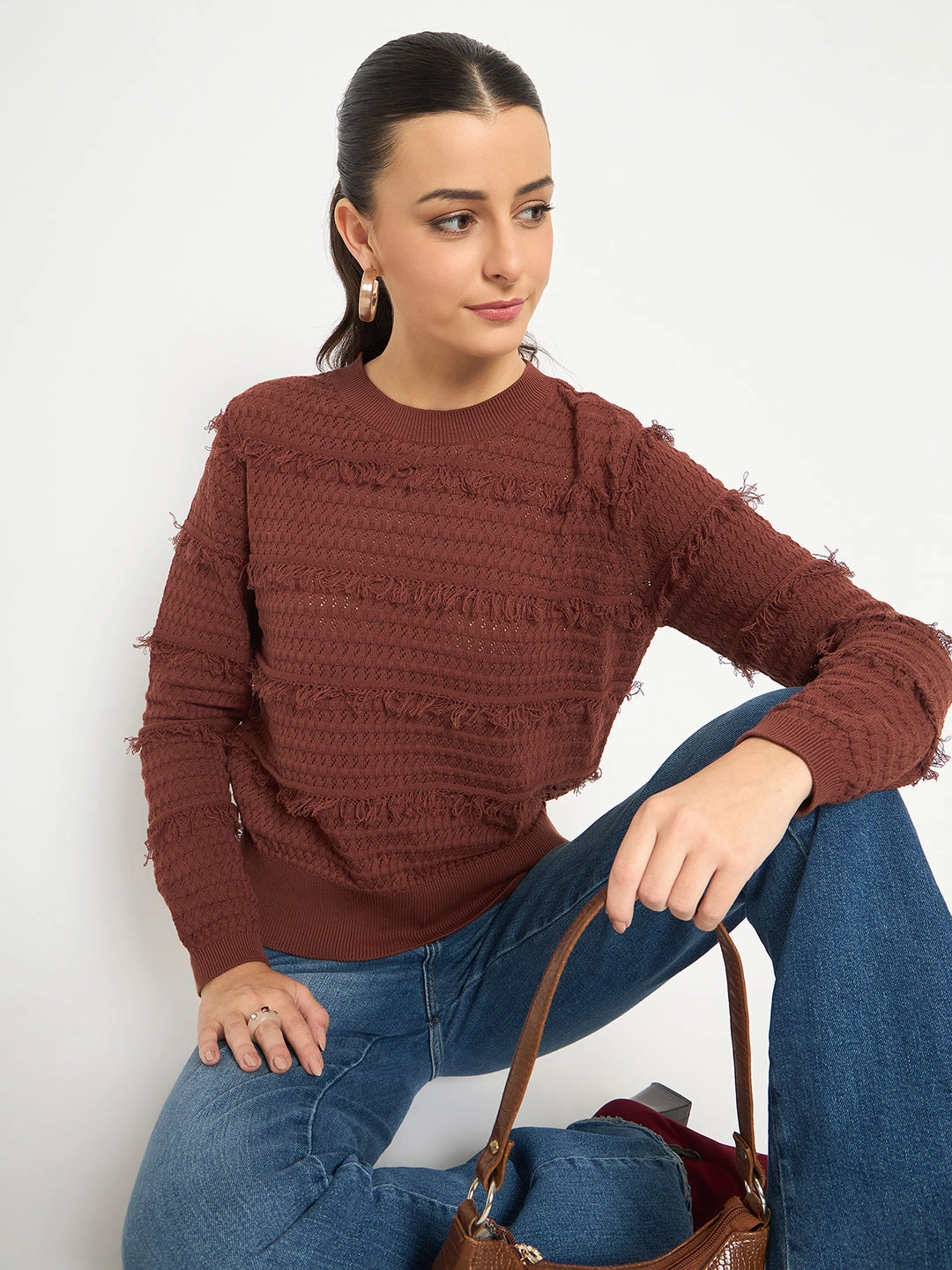 Smart Look Madame Fringe Textured Chocolate Brown Cotton Sweater