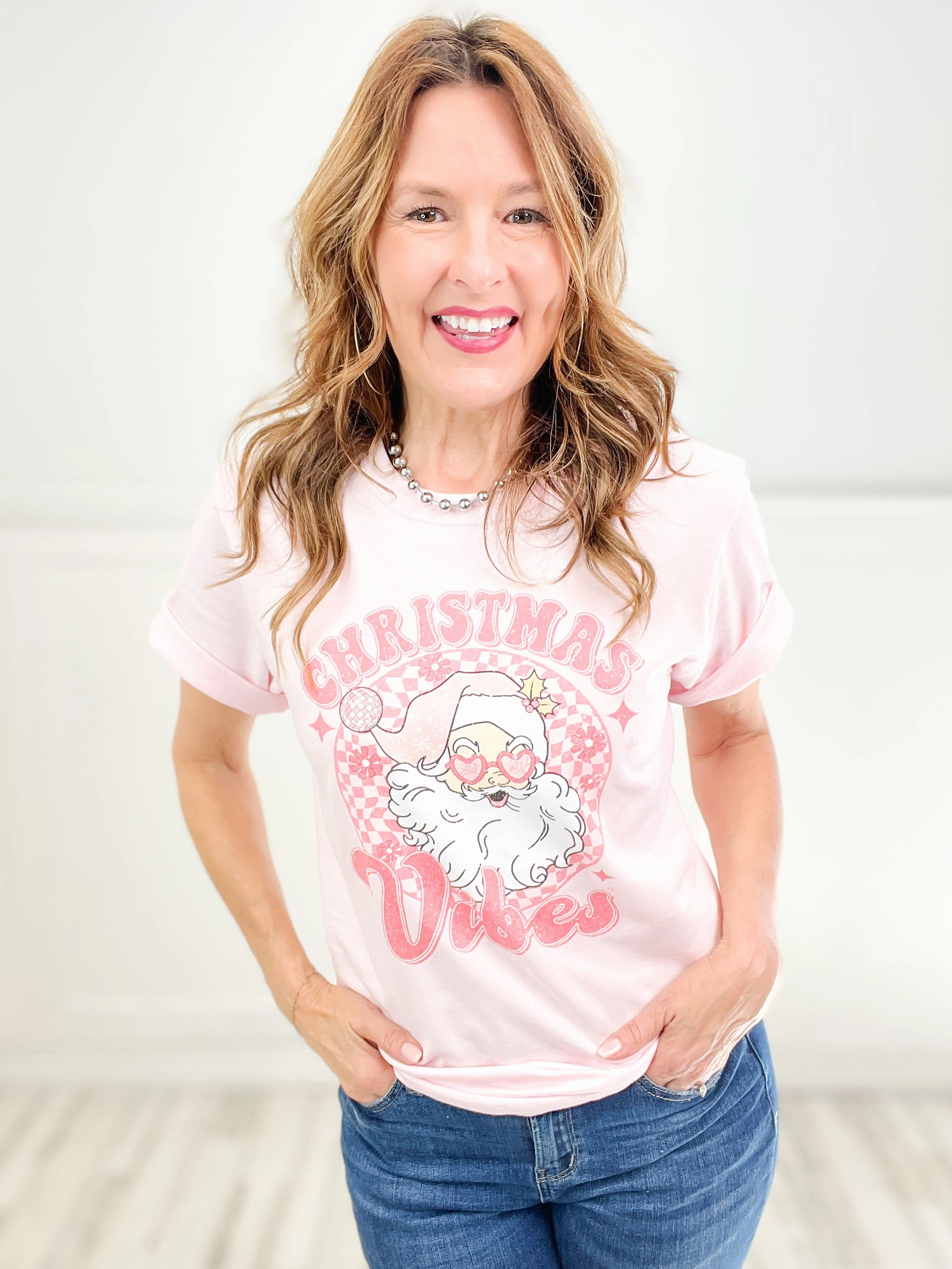 Christmas Vibes Disco Santa Graphic Tee Hygroscopic Inner Layer MultiPocket