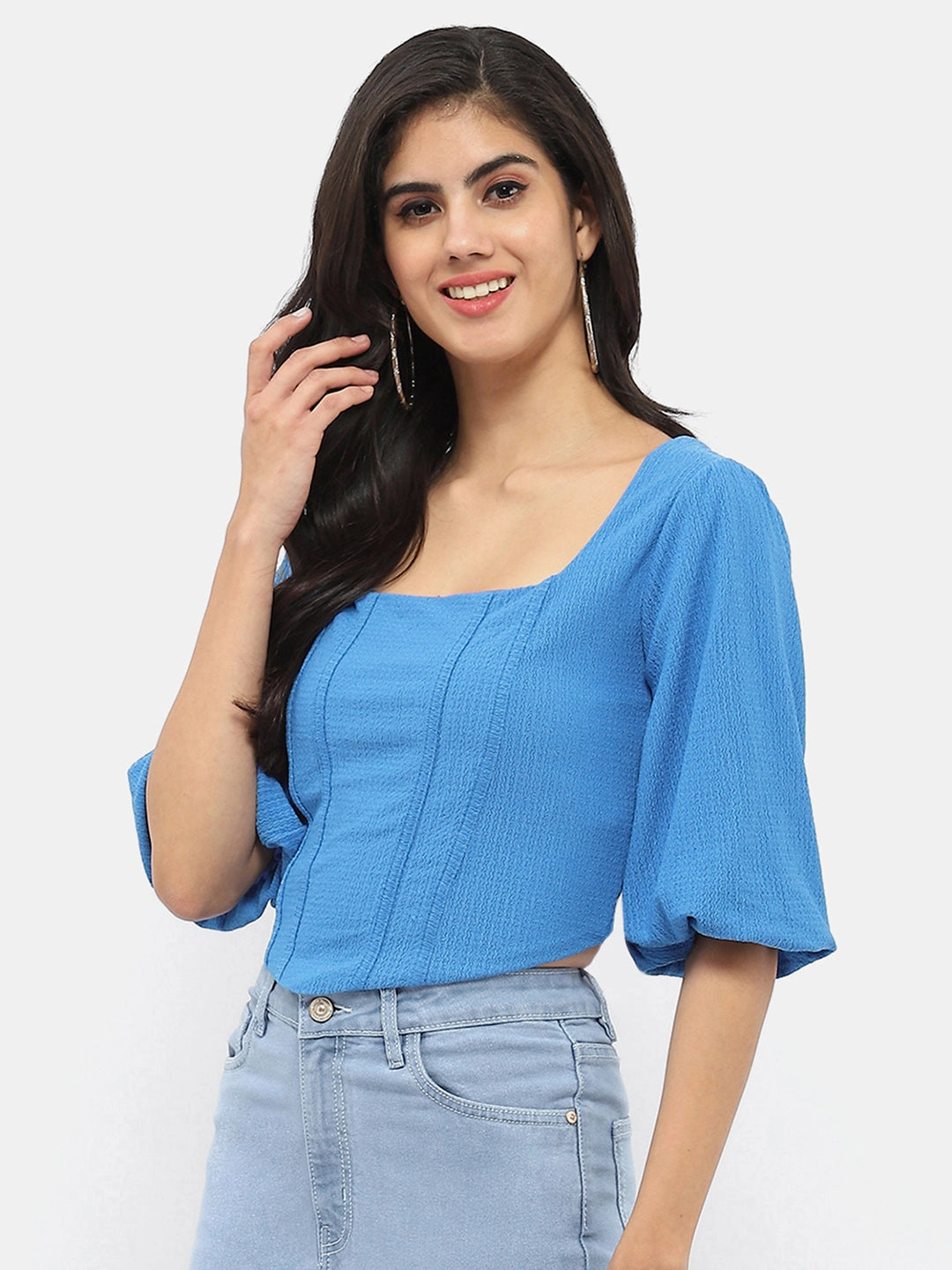 Brushed Interior LaserCutVents Madame Corset Inspired Royal Blue Puff Sleeve Top