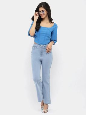 Breathable back panel Tear Resistant Fiber Blend Madame Corset Inspired Royal Blue Puff Sleeve Top