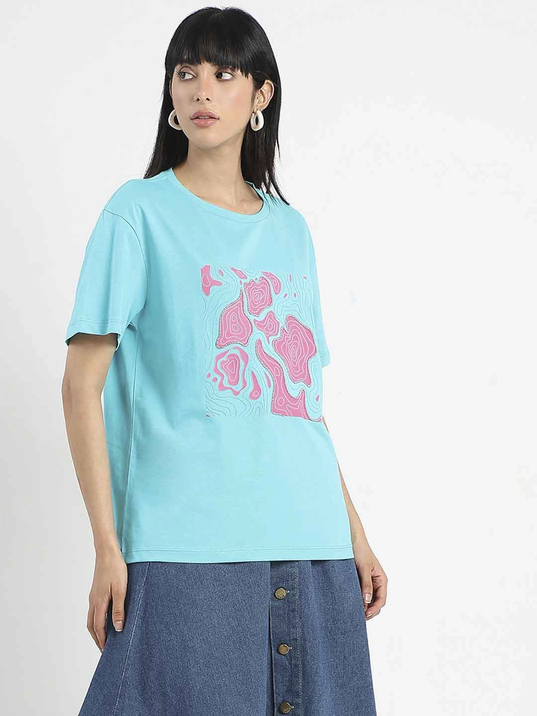 Madame Graphic Print Embellished Aqua Blue Sinker T-Shirt Anti Slip Shoulder Padding Basic Sweatshirt