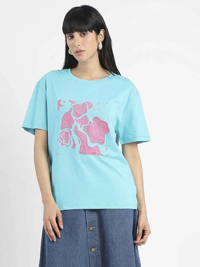 Madame Graphic Print Embellished Aqua Blue Sinker T-Shirt SelfFabric Binding BreathableFabric
