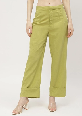Madame Solid Apple Green Folded Hem Trouser Sporty Function