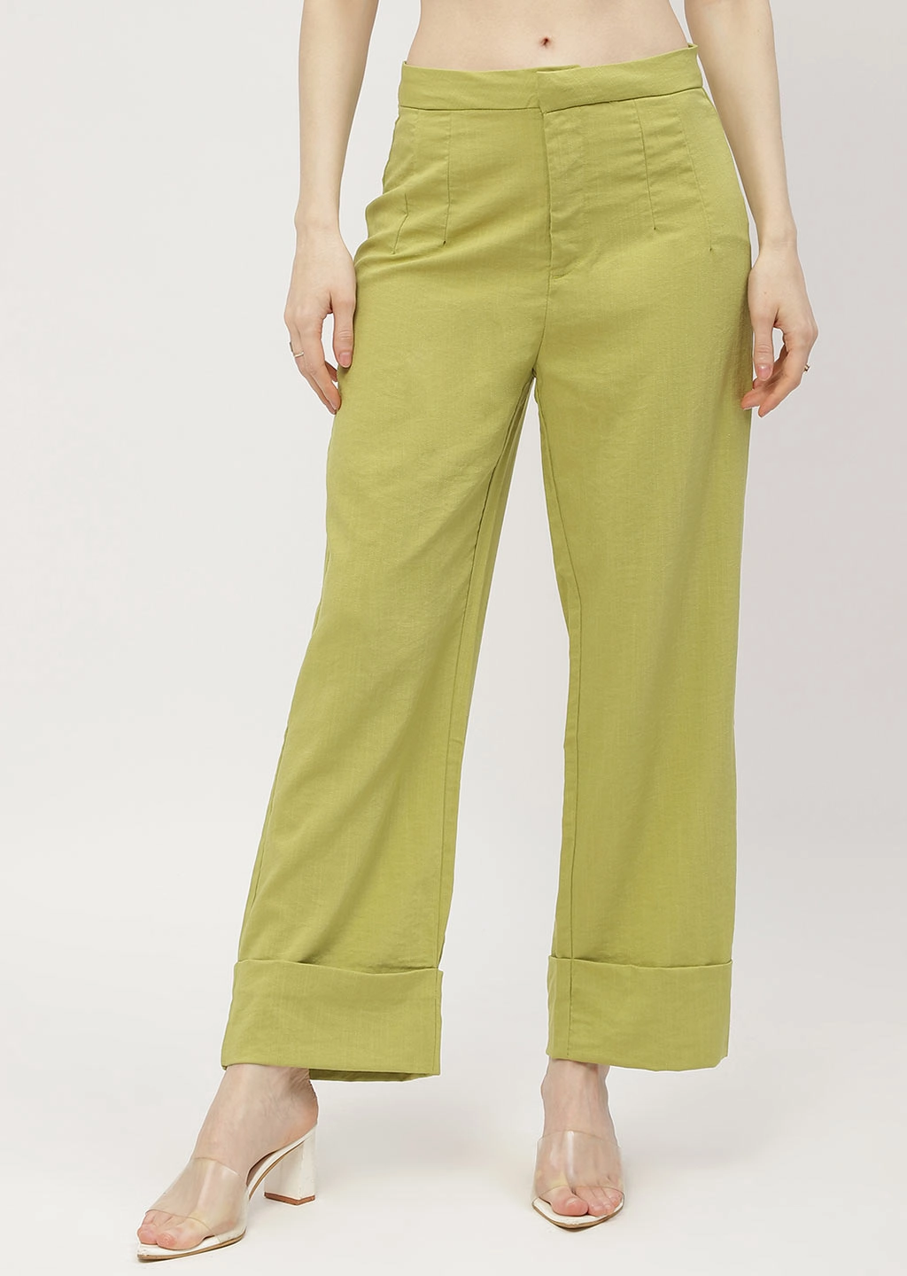 Madame Solid Apple Green Folded Hem Trouser Sporty Function