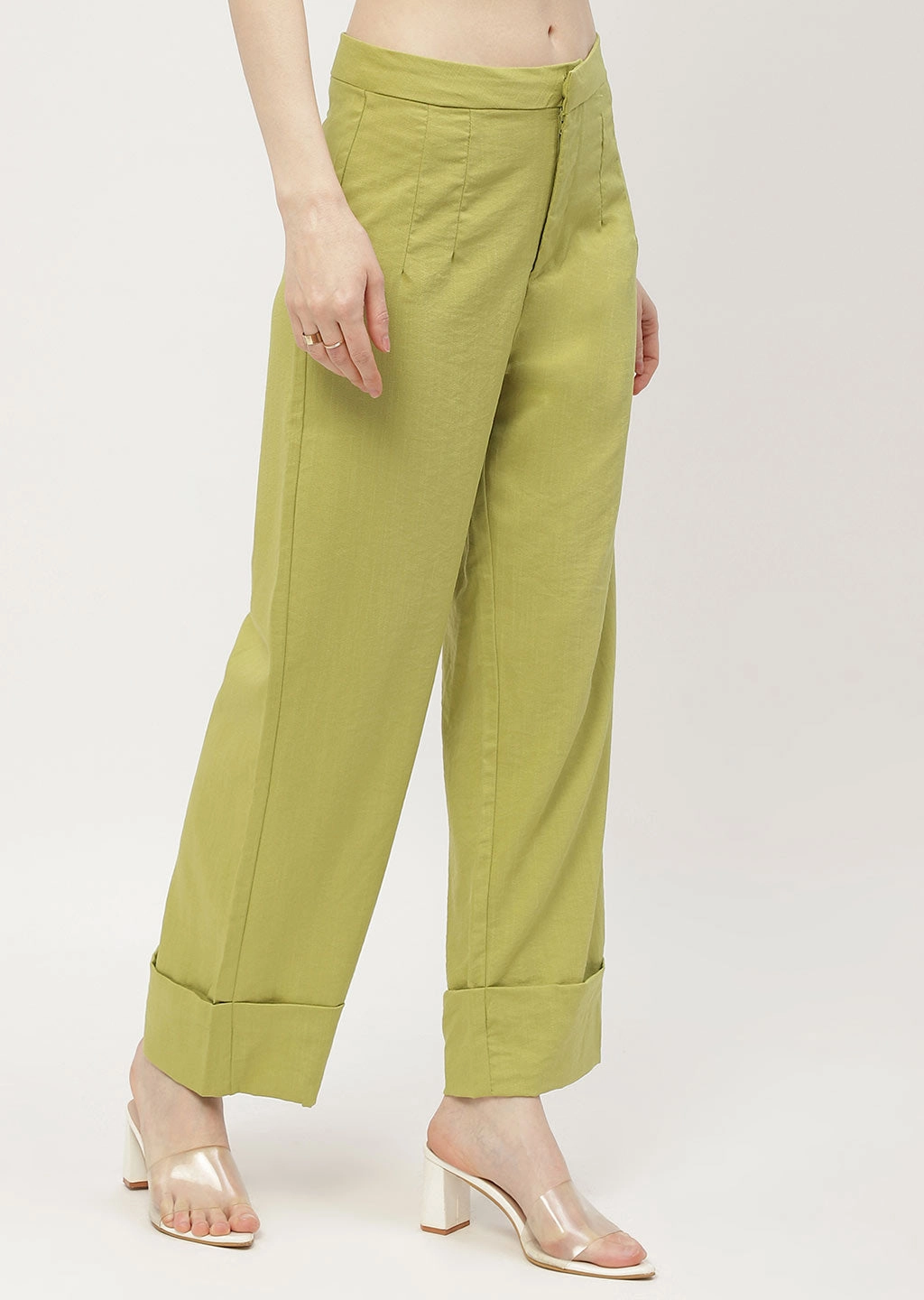 Madame Solid Apple Green Folded Hem Trouser NonSlipInnerGrip Day Comfort