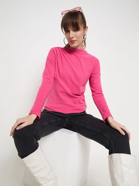 Modular Layering System Elastic Edge Binding Madame Funnel Neck Full Sleeve Seam Detailed Solid Pink Knitted Top