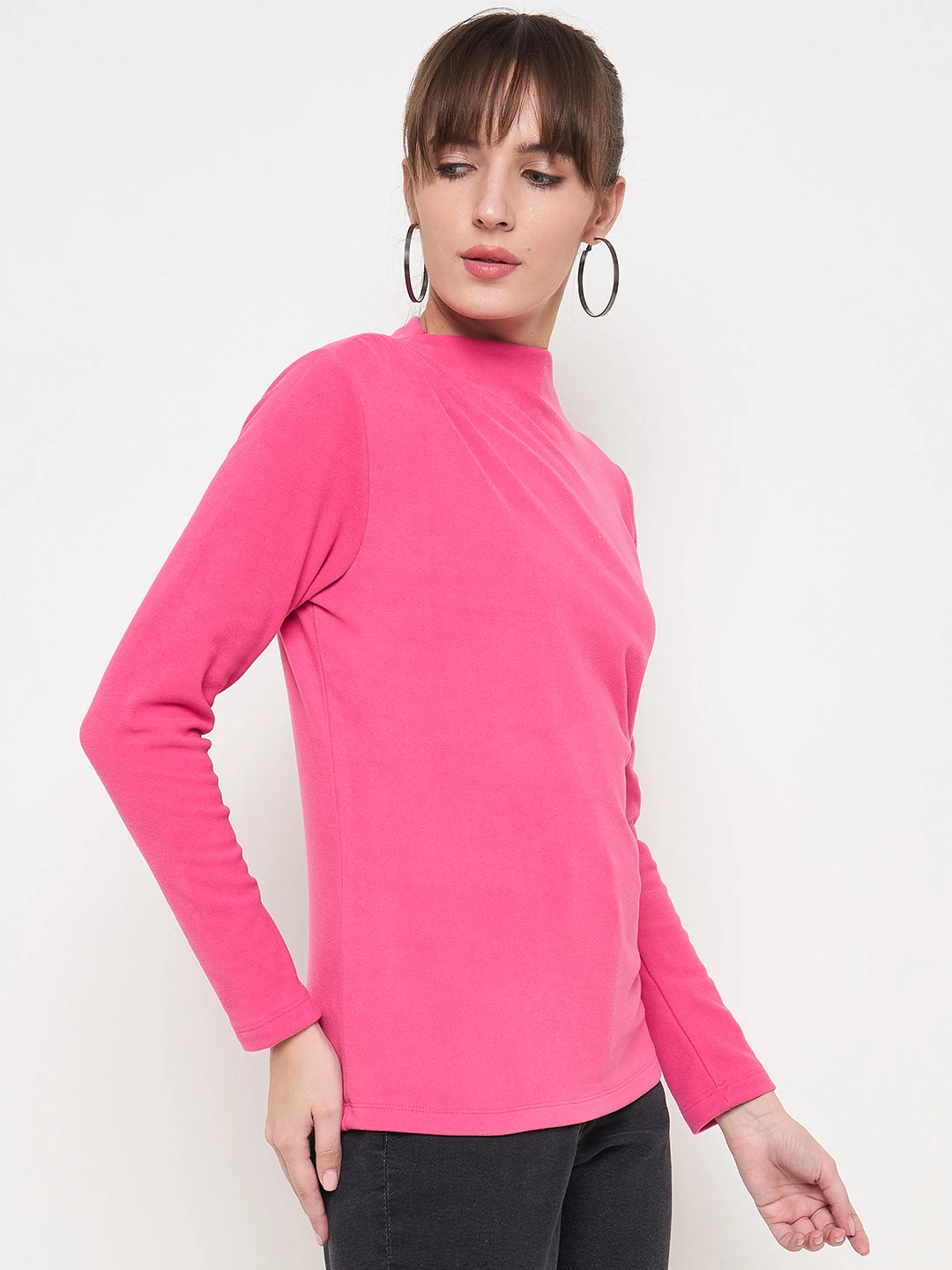 Madame Funnel Neck Full Sleeve Seam Detailed Solid Pink Knitted Top Elegant Blouse Elegant Cardigan